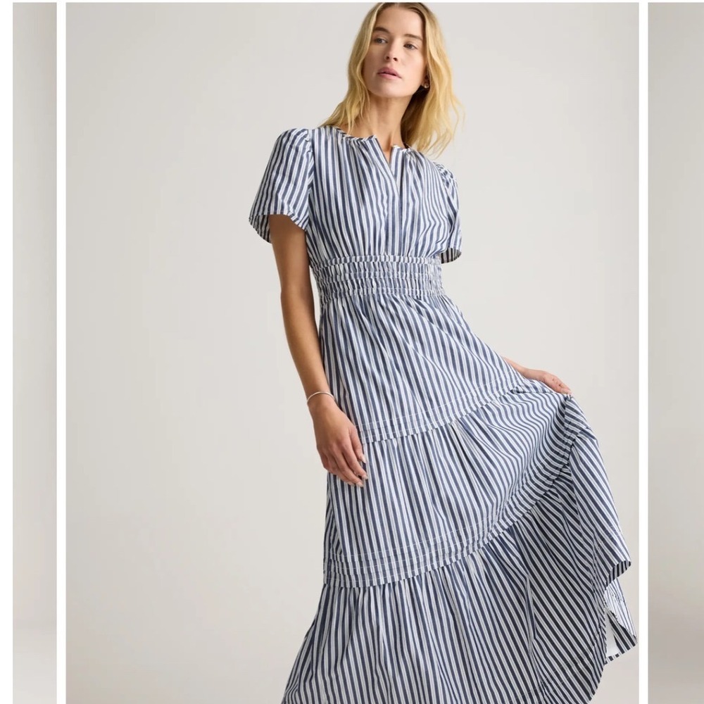 Quince Organic Cotton Tiered Maxi Dress‎ Navy White Stripe Smocked Resortwear M - Picture 9 of 17
